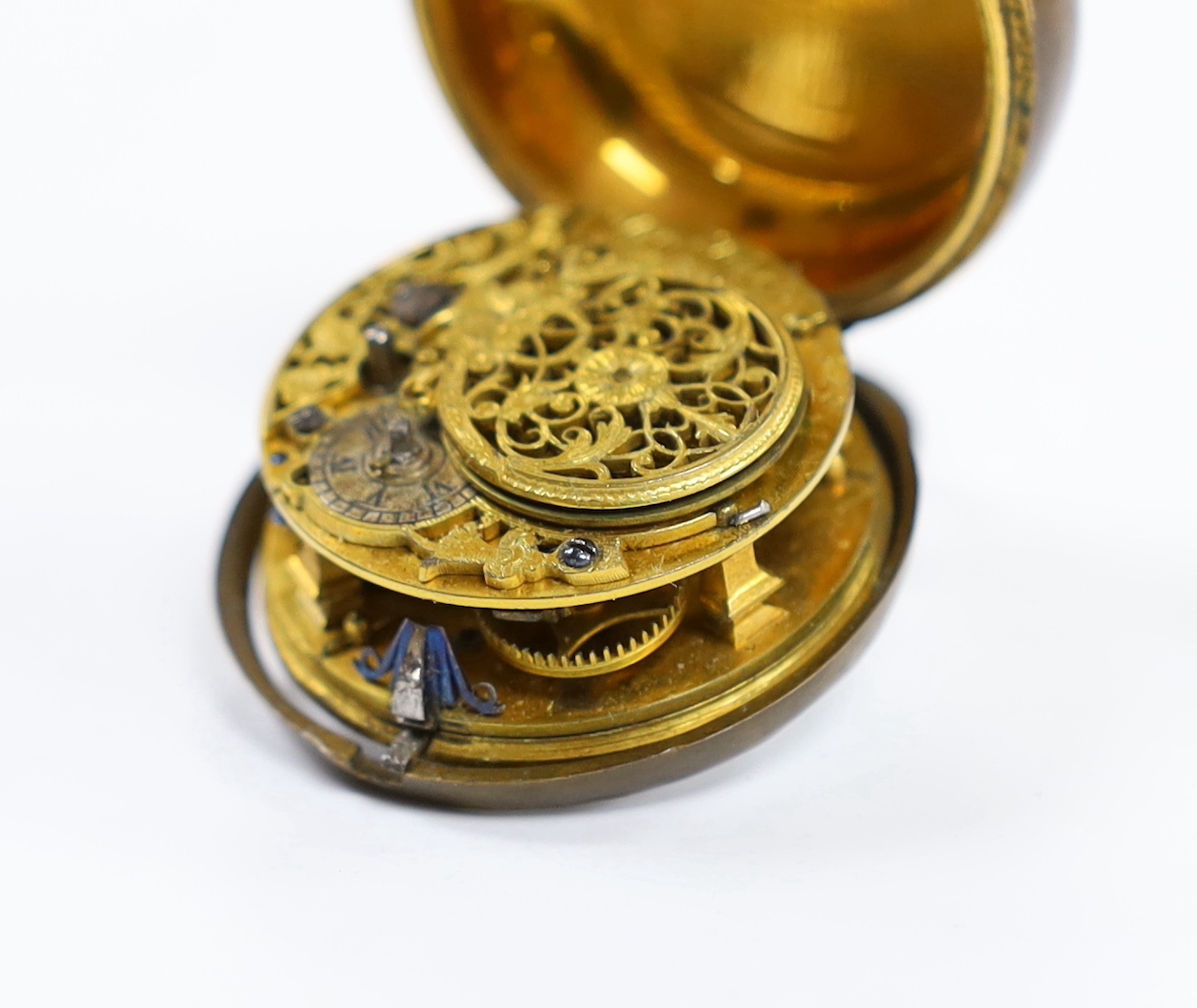 A mid 18th century gilt metal pair cased verge pocket watch, by Henry Hurt, London, (a.f.), outer case diameter 46mm.